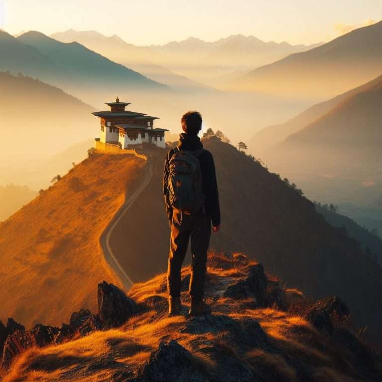 Man hikes above a dzong
