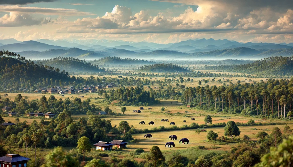 DALL·E 2024 09 14 21.10.51 An ultra realistic and detailed landscape of the southern foothills of Bhutan in the 1960s featuring vast plains with fewer houses more open land a