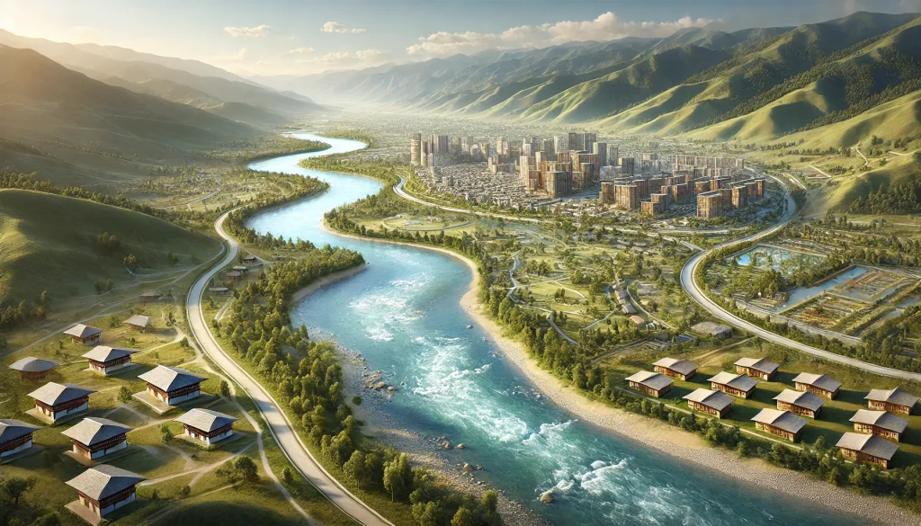 DALL·E 2024 09 16 14.34.03 A realistic landscape of the southern plains of Bhutan featuring a flowing river winding through the scene. A new modern city is emerging on the ban